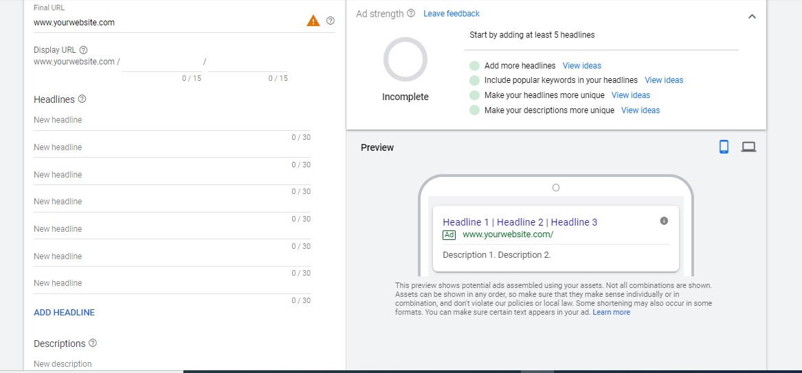 Google ad headline, URL and description